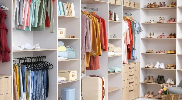 Armarios organizados con ropa colgada, doblada y zapatos en estantes. Un armario funcional para organizar tu ropa.