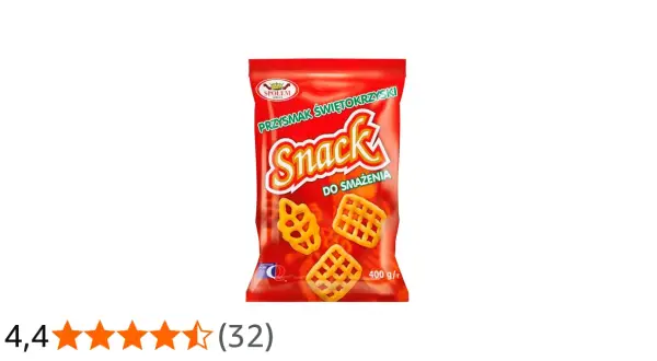 Czerwona paczka z przekąskami "Snack do smażenia" z widocznymi chrupkami o kształcie wafli.