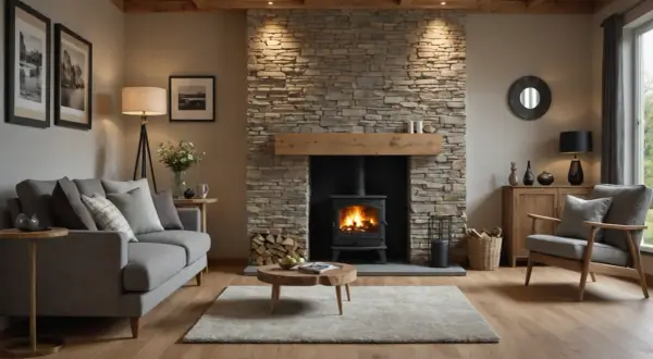 Gemütliches Wohnzimmer mit Kaminofen, davor ein Couchtisch. Die Steinwand hinter dem Kaminofen ist mit einer Holz-tapete hinterlegt.