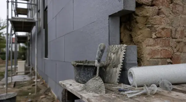Attrezzi da cantiere e materiali per cappotto termico. Si intravedono mattoni a vista, forse un limite di questo sistema.