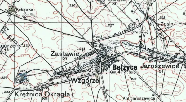 Mapa topograficzna z zaznaczonymi miejscowościami: Podole, Zastawie, Bełżyce, Jaroszewice. Widać drogi, rzeki i ukształtowanie terenu.