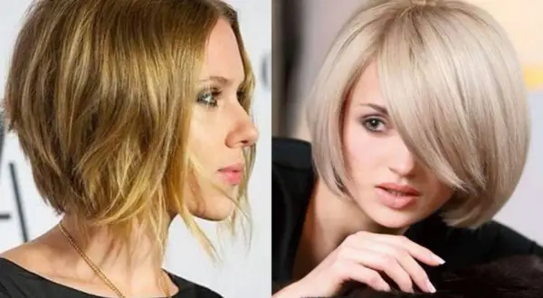 Dwie kobiety prezentują stylowe, krótkie fryzury bob. Jedna ma brązowe, falowane włosy, druga blond, proste.