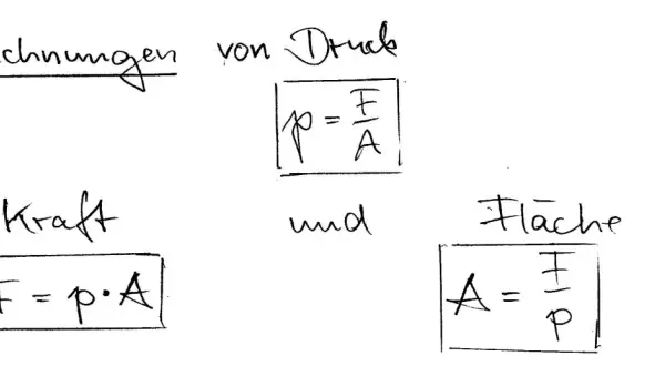 Berechnungen von Druck, Kraft und Fläche mit Formeln.