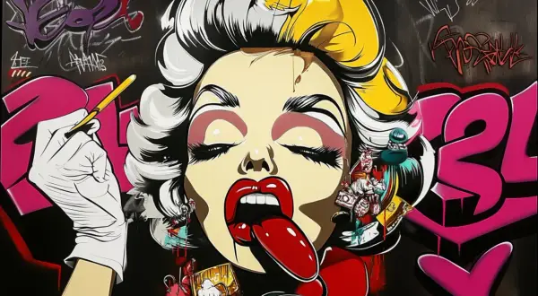 Pop art przedstawiciele w stylu graffiti: Marilyn Monroe z językiem na wierzchu, trzymająca pędzel. Kolorowe napisy i symbole.