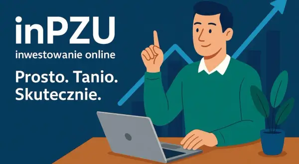 Mężczyzna z laptopem, wskazujący palcem, symbolizuje proste, tanie i skuteczne inwestowanie online. TFI co to? To właśnie inPZU.