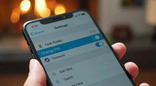 Dłoń trzyma smartfon z otwartym menu "Ustawienia", gdzie widoczna jest opcja "Change PIN".