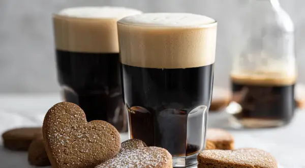 Två glas mörkt kaffe Karlsson med fluffigt skum, omgivna av hjärtformade pepparkakor pudrade med florsocker.