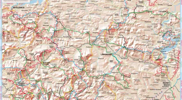 Mapa turystyczna Beskidu Wyspowego z zaznaczonymi szlakami. Widoczne miejscowości: Limanowa, Mszana Dolna, Rabka-Zdrój.