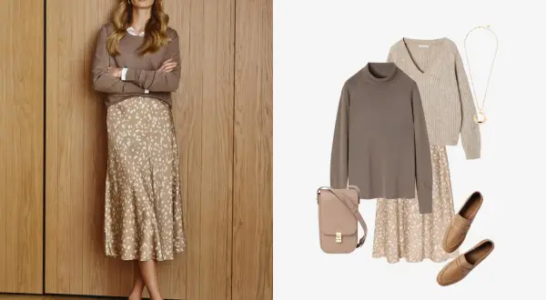 Eleganckie stylizacje boho jesień: satynowa spódnica w cętki, beżowe swetry, torebka i mokasyny.