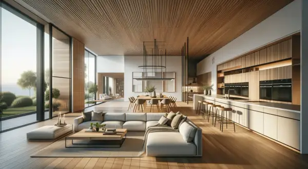 Cocina abierta al salón con iluminación natural y artificial. Muebles de madera, sofás grises y mesa de comedor.