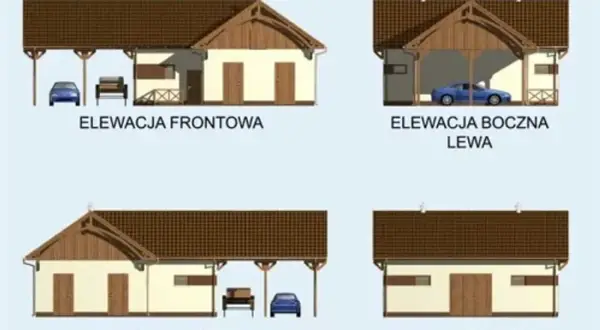 Elewacje przydomowej stajni z wiatą, dwoma drzwiami i oknami. Widać samochód i ławkę.