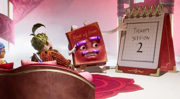 It takes two - poradnik": Książka "Book of Love" i kalendarz z napisem "Therapy Session 2" sugerują, że para potrzebuje pomocy.