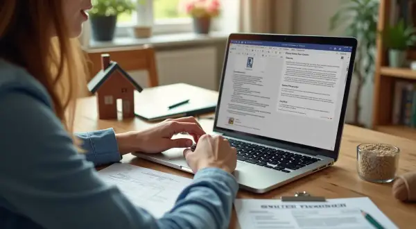 Kobieta wpisuje dane na laptopie, przygotowując przepisanie licznika Energa. Na biurku leżą dokumenty i model domu.