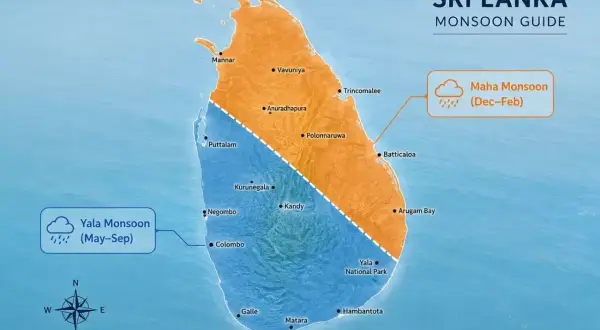 Mapa Sri Lanki z podziałem na strefy Yala Monsoon (niebieski, maj-wrzesień) i Maha Monsoon (pomarańczowy, grudzień-luty). Poznaj klimat Sri Lanki.