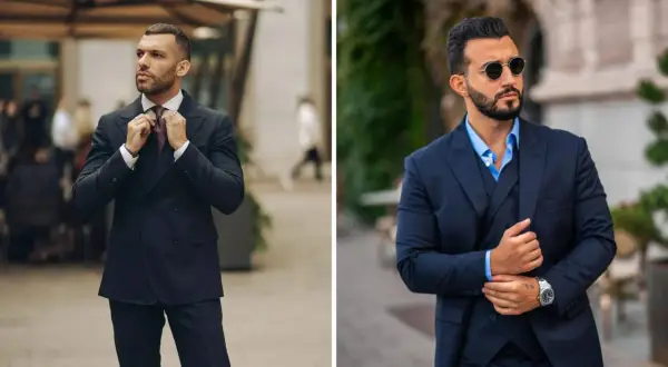 Zwei Männer in eleganten Anzügen, perfekt für eine **dresscode party chic** Veranstaltung. Einer richtet seine Krawatte, der andere trägt Sonnenbrille.