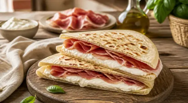 Deux piadines garnies de jambon et de fromage crémeux, prêtes à être dégustées. Une idée simple pour une recette piadina au four réussie.