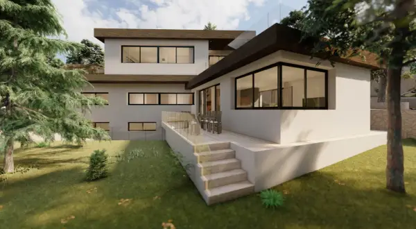 Modern casa de campo con ampliación de dos niveles, terraza y escaleras.