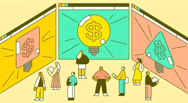 Ludzie patrzą na ekrany z żarówkami i symbolem dolara. To wizualizacja, jak działa crowdfunding co to jest: zbieranie funduszy na pomysł.