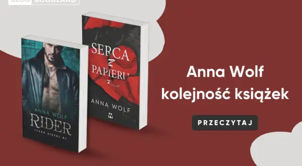 Okładki książek Anny Wolf: "Rider" z przystojnym mężczyzną w skórzanej kurtce i "Serca z papieru" z rozdartym sercem. Idealne dla fanów gangsterów.