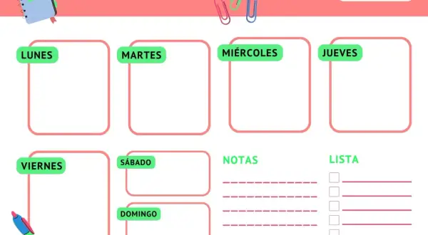 Planificador semanal con espacios para Lunes a Domingo, notas y lista. Ideal para descargar y organizar tu semana.