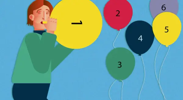 Persona che soffia in un megafono giallo con il numero 1, mentre palloncini numerati da 2 a 6 fluttuano. Un modo visivo per capire come presentare un progetto.
