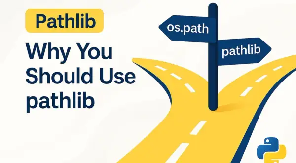 Un panneau indique deux chemins : os.path et pathlib. Le texte "Why You Should Use pathlib" suggère de choisir la voie de pathlib pour vos projets Python.