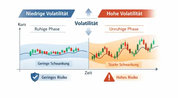 Vergleich von niedriger und hoher Volatilität: ruhige Phase mit geringer Schwankung und geringem Risiko vs. unruhige Phase mit starker Schwankung und hohem Risiko.