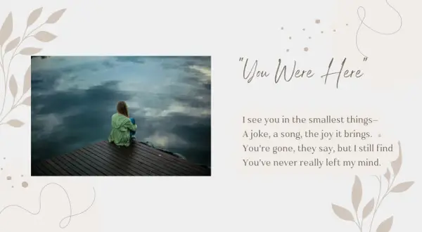 Wiersz dla przyjaciółki od serca. Dziewczyna siedzi na pomoście, patrząc na odbicie chmur w wodzie. "You Were Here" - wspomnienie bliskiej osoby.