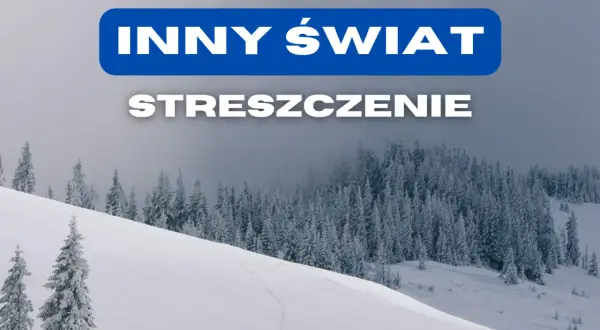 Zasypany śniegiem las i zbocze z napisem "INNY ŚWIAT STRESZCZENIE".