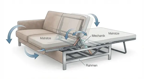 Mechanismus eines Schlafsofas, der verschiedene Sofa Arten zeigt. Eine ausklappbare Matratze mit Rahmen und Mechanik.