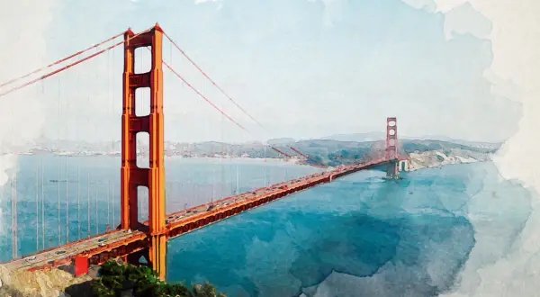 Golden Gate Bridge rendered with a beautiful photoshop watercolor effect, its iconic orange towers standing against a blue bay and hazy sky.