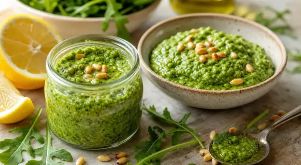 Frisches Rucola Pesto ohne Parmesan, garniert mit Pinienkernen, neben Zitronenspalten und Rucolablättern.