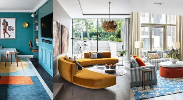 Diverse family room ideas: a teal media wall, a curved mustard sofa with garden views, and a striped sofa with a floral rug.