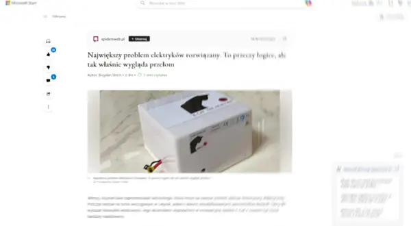Białe pudełko z czarnymi naklejkami, jakby z logo kota, z kablami. Artykuł o przełomie w elektryce.