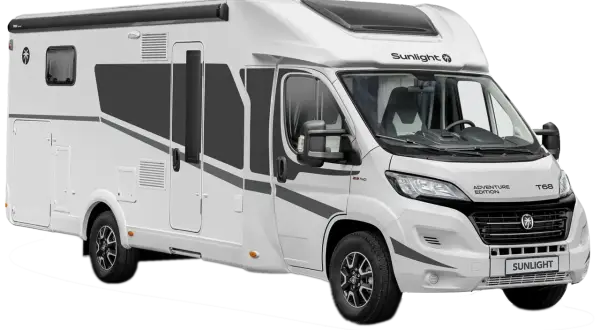 Biały kamper Sunlight T68 Adventure Edition, idealny kamper na 5 osób, gotowy na przygodę.