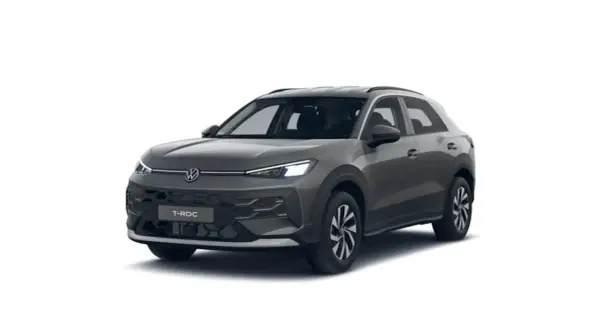 Grå Volkswagen T-Roc, en kompakt SUV. Kolla in det senaste **Volkswagen T-Roc pris** för denna snygga bil.