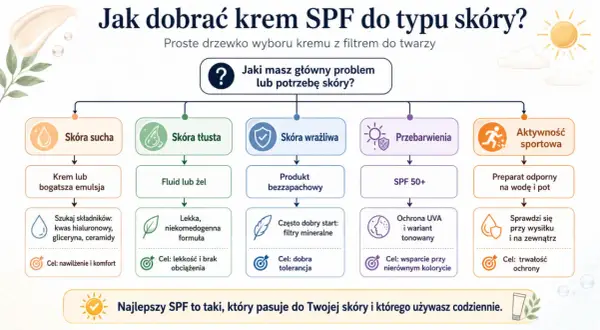Drzewko wyboru kremu SPF: dla skóry suchej, tłustej, wrażliwej, z przebarwieniami i do aktywności sportowej. Dowiedz się, co to SPF i jak dobrać najlepszy.
