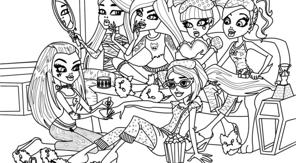 Un grupo de amigas de Monster High se prepara para una noche de diversión. ¡Un dibujo de Monster High para colorear!