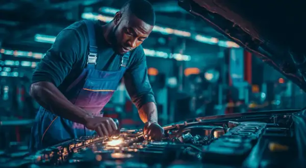 Mécanicien concentré sur le moteur, vérifiant le servo frein. La lumière éclaire les pièces complexes.