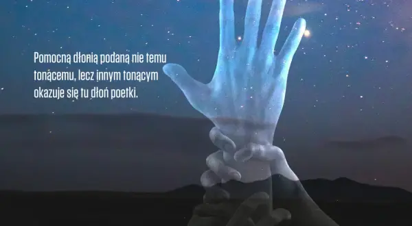 Dwie dłonie trzymające się na tle nocnego nieba pełnego gwiazd.