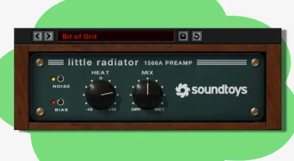 Soundtoys' "little radiator" preamp plugin, featuring "Bit of Grit" and controls for Heat, Mix, Noise, and Bias.