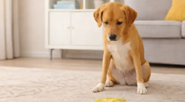 Trauriger Hund sitzt neben gelbem Fleck auf Teppich. Er hat wohl etwas erbrochen.