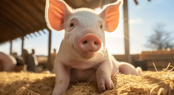 Un adorable porcelet rose, le cochon est il propre ? Il semble tout frais sur son lit de paille, sous le soleil.