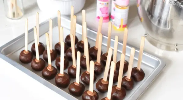 Chokladbollar på pinnar, redo att dekoreras. En bricka full med dessa goda cake pops väntar på att bli klädda i glasyr och strössel.
