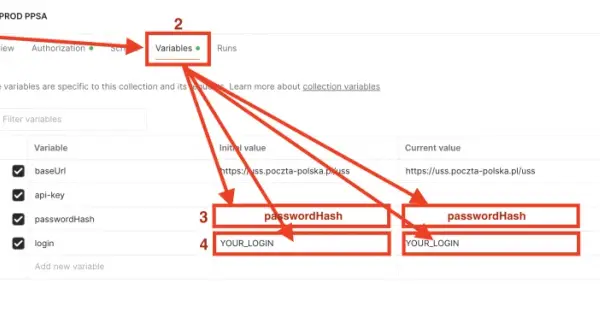 Zmienne dla poczta sledz: baseUrl, api-key, passwordHash, login. Wartości początkowe i bieżące są widoczne.