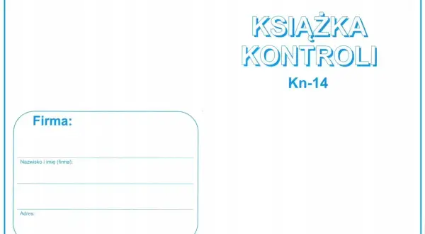 Okładka książki kontroli przedsiębiorcy z miejscem na dane firmy, nazwisko, imię i adres.