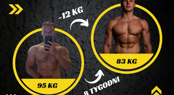 Sylwetka kulturysty przed i po 8 tygodniach treningu. Z 95 kg do 83 kg, utrata 12 kg.
