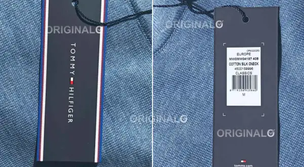 Dwa metki odzieżowe Tommy Hilfiger na niebieskim tle.