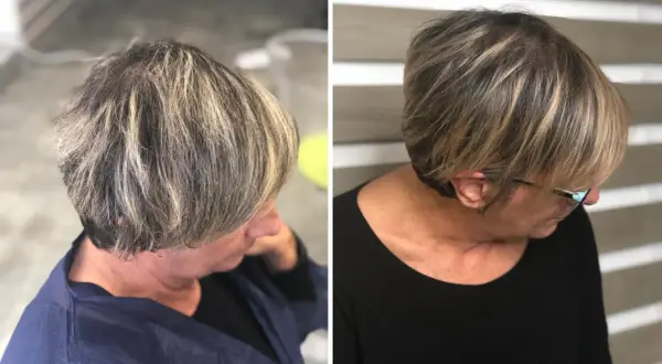 Capelli corti con meches chiare, un taglio moderno che illumina il viso.