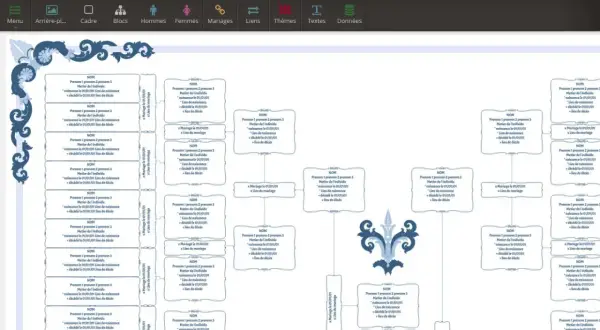 Arbre généalogique complexe affichant des informations sur les individus, les mariages et les lieux. Ce logiciel de généalogie permet de visualiser les liens familiaux.